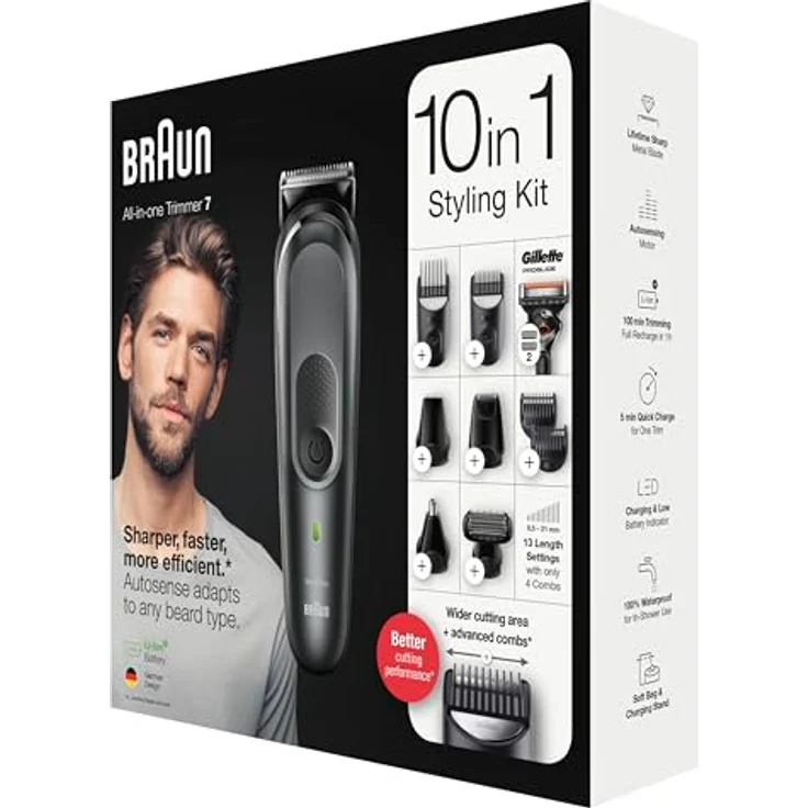 Braun MGK7321, Wet&Dry Multigroomer mit Adaptive Motor, 10-in-1 Styling-Kit, 100% wasserdicht, inklusive Gillette Fusion 5 ProGlide Rasierer – Bild 8