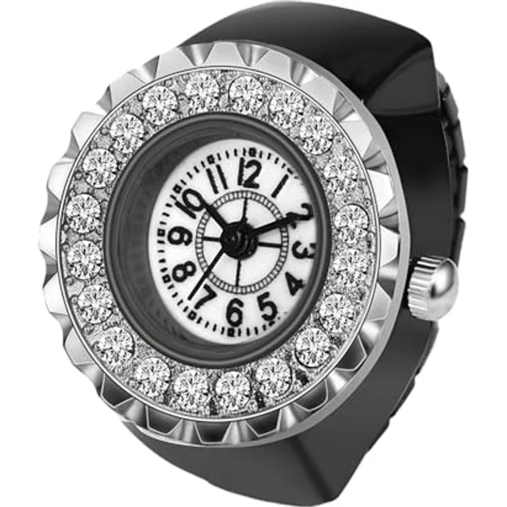 JewelryWe Ringuhr Fingeruhr Damen - Elegante Quarz-Uhrenring mit Strass, Schwarz Elastisches Band, 10m wasserdicht – Bild 1