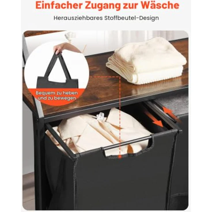 VEVOR Wäschekorb Wäschesortierer mit 2 Fächern aus 600D Oxfordstoff, Holztischplatte und Rollen, Wäschetrenner für schmutzige Kleidung, schwarzes Design mit 30,14 Gal Volumen – Bild 4