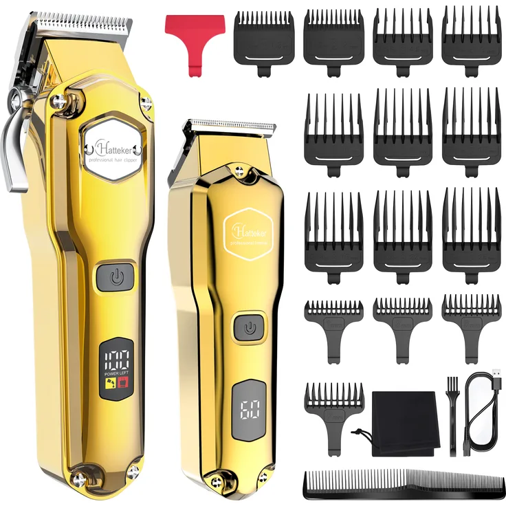 Hatteker Haarschneidemaschine Kit für Herren Bartschneider IPX7 Wasserdichte Haarschneider T-Klinge Professioneller USB Wiederaufladbar(GOLD)