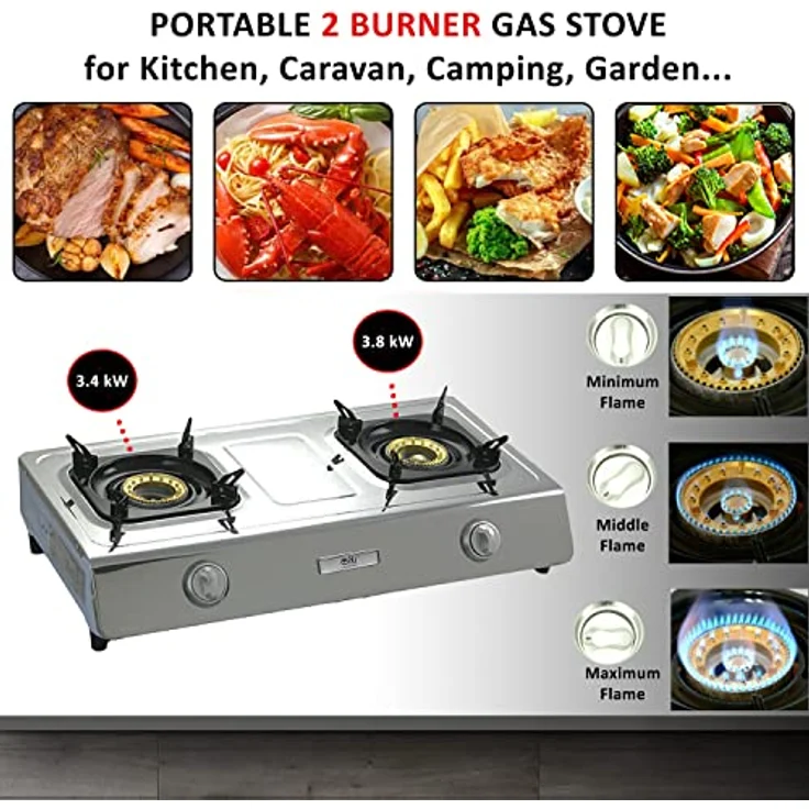 NJ NGB-200 Kochplatte, Propan Gaskocher, 2 flammig, 9,0 KW, Commpingkocher, WOK Funktion, edelstahl – Bild 4