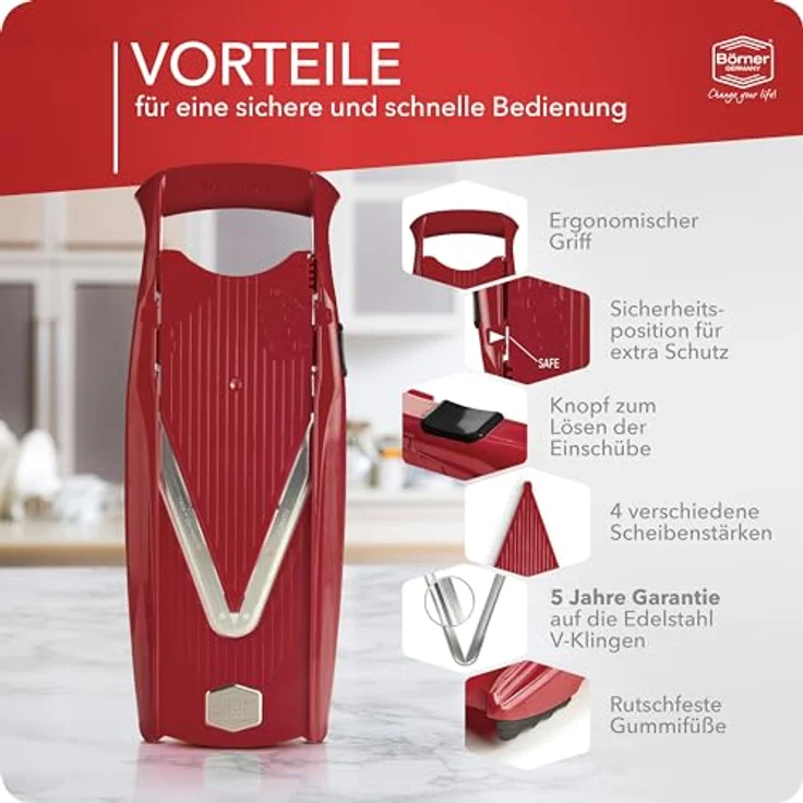 Börner Gemüsehobel V5 PowerLine Basis Set, Kunststoff, nur zum Schneiden von Scheiben rot – Bild 6