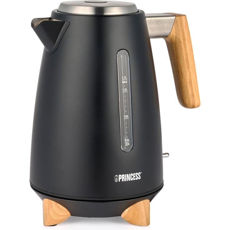 Princess 236061 Wasserkocher, 1,7 L, 3000 Watt, Edelstahl Schwarz matt mit Bambus, Strix-Regler, 360°-Basis, Abschaltautomatik