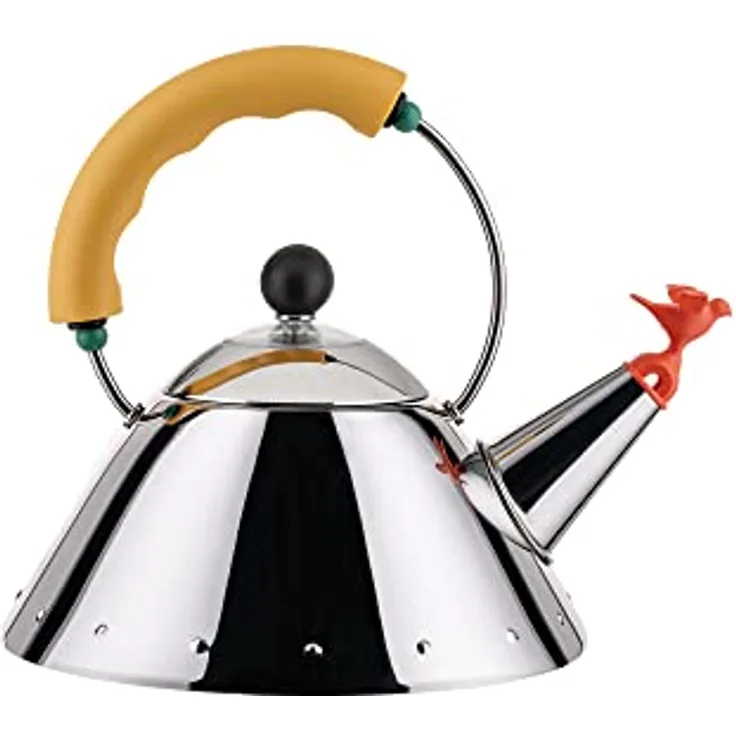 Alessi Kettle 9093/1 Y - Wasserkessel mit Magnetboden aus Edelstahl 18/10 Glänzend Poliert, für Induktionsherde Geeignet, mit Griff und Vogelförmiger Flöte aus PA, Gelb