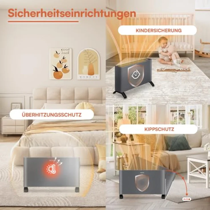 BE COOL Konvektor mit Stoffbezug "HAROLD", 2000W Heizleistung, dunkelgrau, elektronische Steuerung, 3 Heizmodi – Bild 5