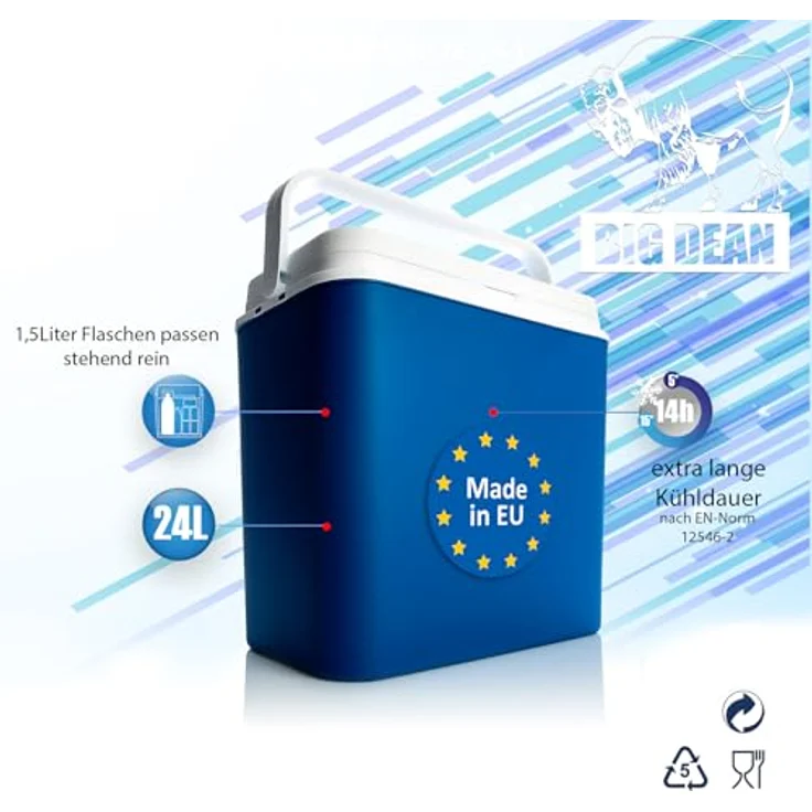 Passive Kühlbox 24 Liter,inkl. 6 Kühlakkus, bis zu 9 Std. Kühlung, blau, weiß – Bild 5
