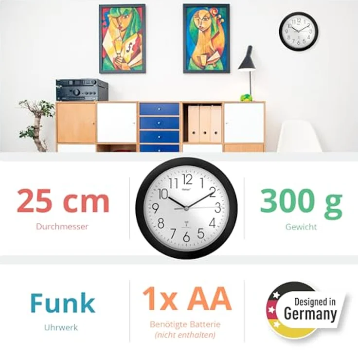 Mebus Schwarz Funk-Wanduhr mit 25 cm Durchmesser, Kunststoff – Bild 4