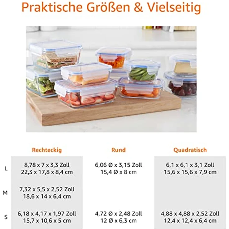 AmazonBasics Glasbehälter für Lebensmittel, mit Deckel, 20 -teiliges Set10 Behälter + 10 Deckel, BPA-freie – Bild 5