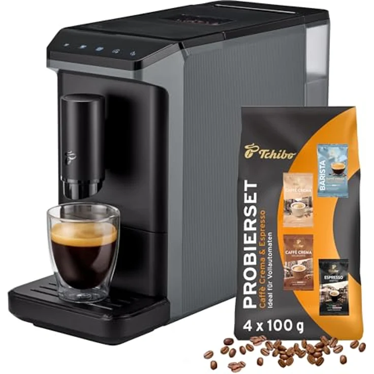 Tchibo Kaffeevollautomat Esperto mini, für Caffè Crema und Espresso, 16cm breit, grau, inklusive Kaffeeprobierset – Bild 1