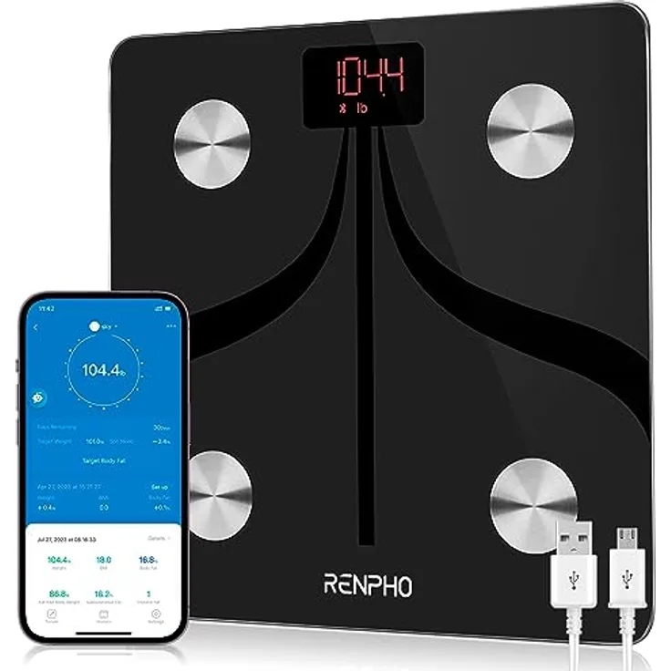 RENPHO Personenwaage Digital Waage mit körperfett und muskelmasse, USB Wiederaufladbare, Bluetooth Körperfettwaage mit Hochpräzisions-Sensoren, 180kg, 280x280 mm
