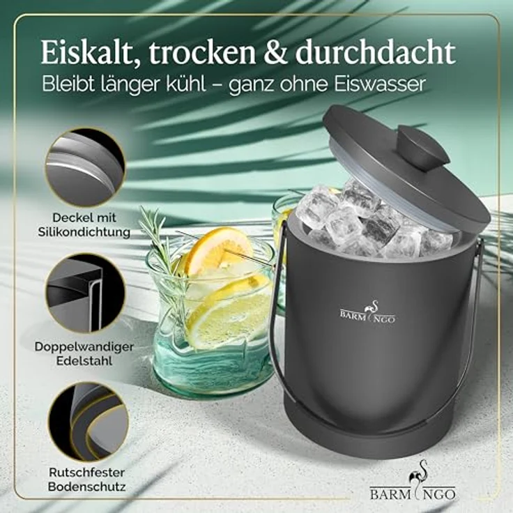 BARMINGO Edelstahl Eiswürfelbehälter mit Deckel, 2l doppelwandig isolierter Eiskübel mit Sieb, Eiswürfelform und Zange, BPA-frei, Metallic-Schwarz – Bild 4