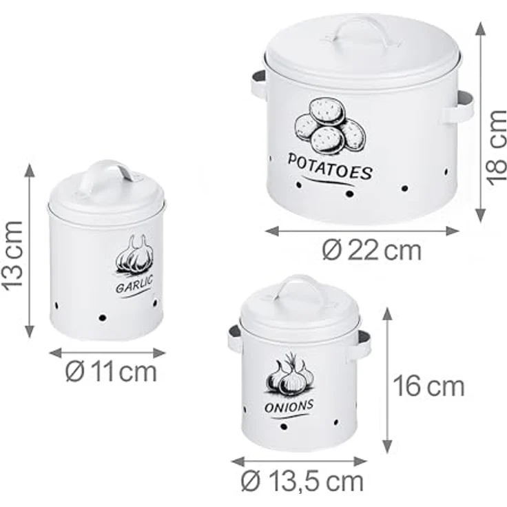 relaxdays Vorratsdose Kartoffel Aufbewahrungsbox 3er Set, Stahl, weiß, mit Belüftungslöchern zur optimalen Lagerung von Kartoffeln, Zwiebeln und Knoblauch – Bild 4