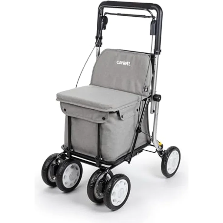 Carlett Rollator und Einkaufstrolley mit Sitz, höhenverstellbarer Griff, Parkbremse, robuste Aluminiumkonstruktion, 3 Positionen Räder, Hellgrau