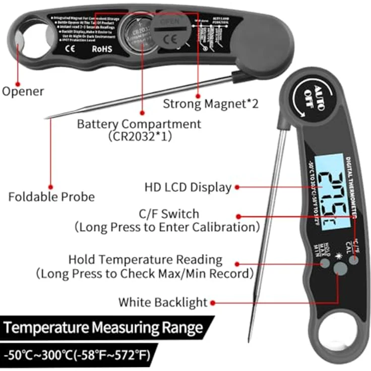 PRECORN Digital Fleischthermometer, wasserdichtes Grill- und Bratenthermometer mit Sofortablesung, Edelstahl, präzise Messungen von -50 °C bis 300 °C – Bild 4