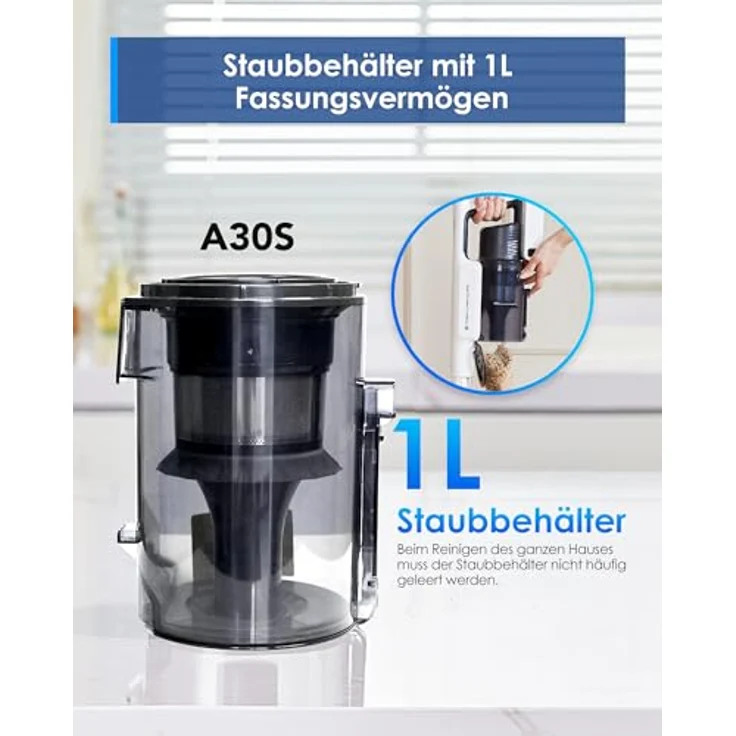 Tineco Akku-Stielstaubsauger A30S Plus, 1L Staubbehälter, Anti Haar-Verhedderung, 60 Minuten Akku Laufzeit, beutellos – Bild 4
