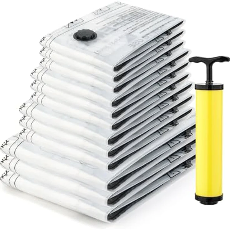 GRIFEMA GH83 Vakuumbeutel Set, 12 Stück in 4 Größen (Small bis Extra Large) inkl. Handpumpe, feuchtigkeitsbeständig und platzsparend für Textilien – Bild 1