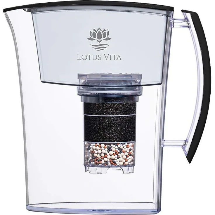 Lotus Vita Wasserfilter Kanne Lotus 1,6L - Schwarz Matt - Natura Plus, Wasserfilter mit Schutz vor Verkalkung und schneller Filterung
