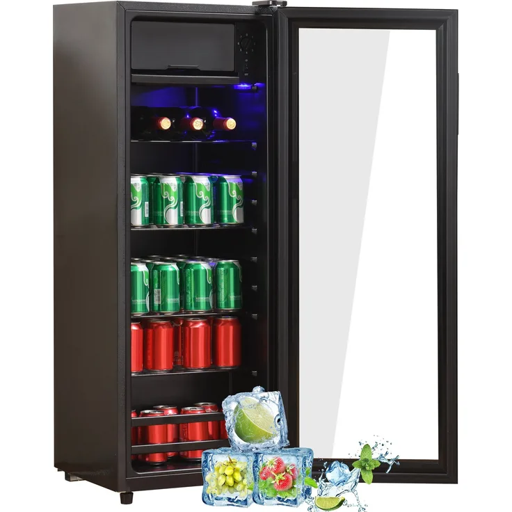 Merax Table Top Kühlschrank 128L mit Gefrierfach, Glastür, LED-Beleuchtung, Getränkekühlschrank SC-128P, 110 cm hoch, 40 cm breit, Mini Kühlschrank, freistehend, Schwarz