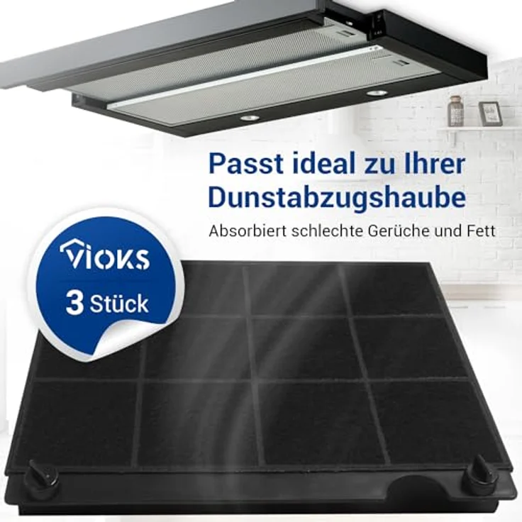 VIOKS Aktivkohlefilter Set für Dunstabzugshaube, 3 Ersatzfilter für Elica Model 15 & kompatible Modelle, effiziente Geruchsbeseitigung, Maße: 225x210x40 mm – Bild 3