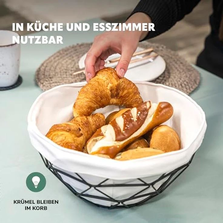 eluno Obstkorb - Brotkorb, moderne Obstschale aus schwarzem Metall & Bambus mit abnehmbarem waschbarem Bezug - 30 cm Ø, für Obst, Gemüse, Brot, Snacks – Bild 4