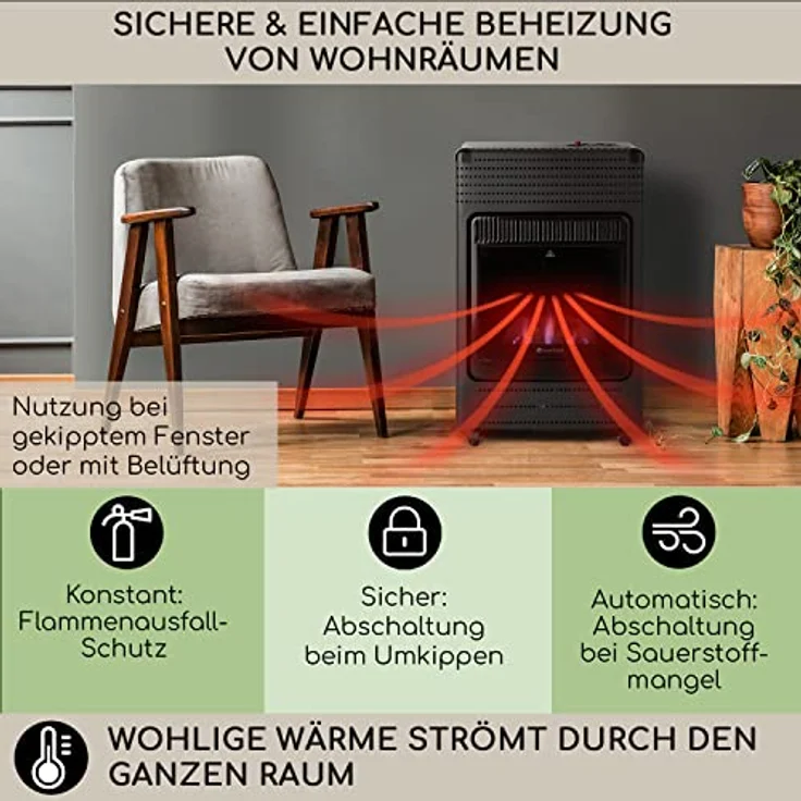 blumfeldt Andora Flame Gasheizofen - zwei Heizstufen mit 2 oder 3,4 kW, bis 11 kg Gasflaschen, Heizfläche: bis 68 m², inkl. Schlauch und Druckminderer, Feuerschein, elektrisches Zündsystem, schwarz – Bild 4