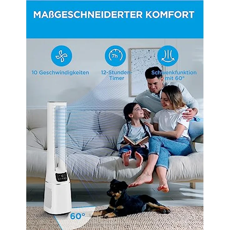 Midea MFP-120 (WH) 2 in 1 Turmventilator Leise 38dB Luftreiniger CADR 120 für 47.6 ㎡ LED Display Fernbedienung Oszillation 12H Timer Weiß – Bild 5