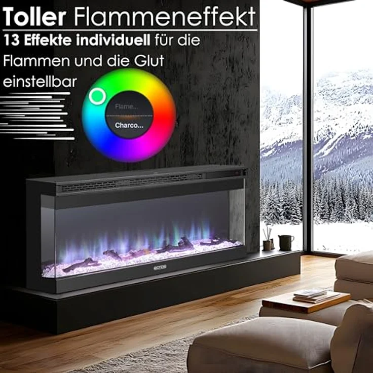 Echos Elektrokamin 1500 W | 13 realistische Flammeneffekte | Wandmontage oder Einbau, schwarz – Bild 3