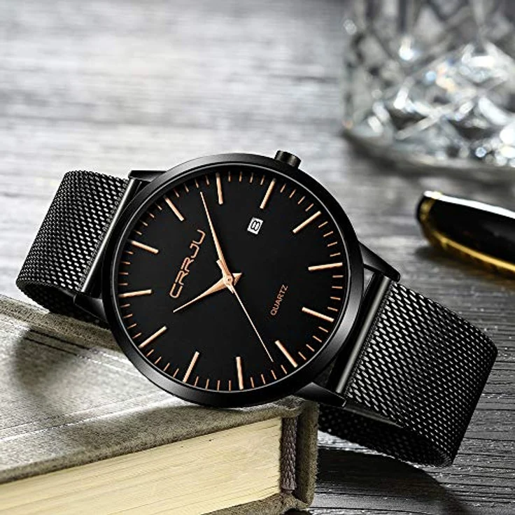 CRRJU Ultra Dünne Herren Armbanduhr, Wasserdicht mit Schwarz Edelstahlband und Roségoldenen Akzenten, Analog Quarz Business Uhr – Bild 4