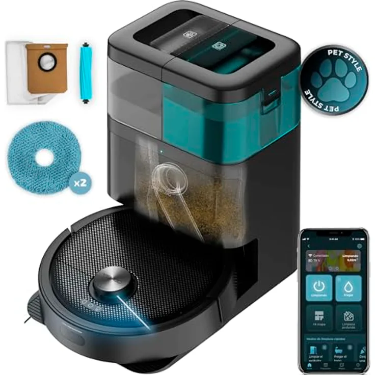 Cecotec Conga 15090 SpinArm Home&Wash, Saugroboter mit Wischfunktion, 8000 Pa, App, Lasernavigation, automatische Entleerungsbasis, Staub- und Wassertanks