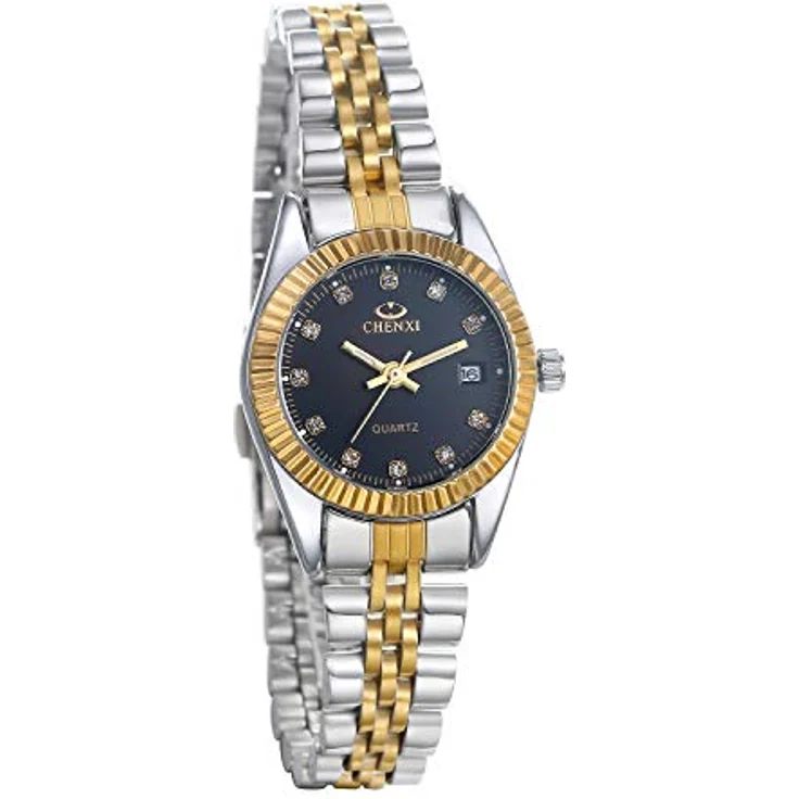 JewelryWe Paar Uhr Analog Quarz mit Kalender, 30M wasserdicht, Edelstahlarmband, Damen und Herren, schwarz Strass Zifferblatt – Bild 1