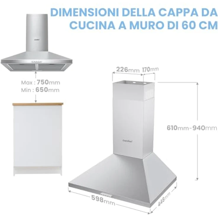 COMFEE' Dunstabzugshaube PYRA17SS-60, 60 cm Edelstahl mit 320 m³/h Saugleistung, LED-Beleuchtung, Rücklaufsystem und Kohlefilter – Bild 5