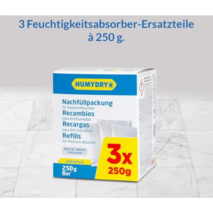 HUMYDRY Luftbefeuchter Humydry Nachfüllpack 3x250g Geruchsneutral für Luftentfeuchter – Bild 2