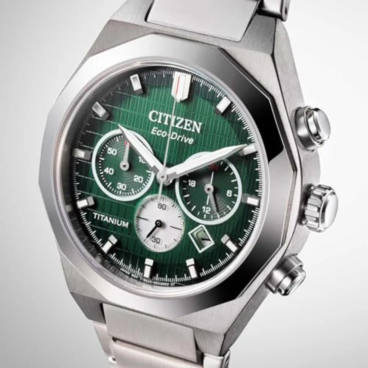 Citizen CA4691-59X Zenshin Senkei Eco-Drive Solar Chronograph, silberfarbenes Super-Titanium Gehäuse, grünes Zifferblatt, Gliederband, 10 ATM wassergeschützt – Bild 2