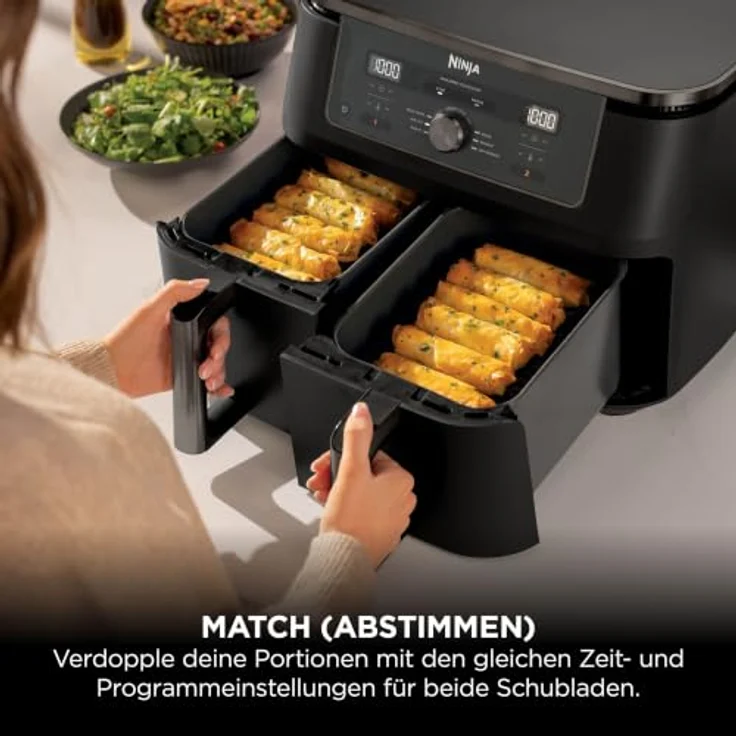 Ninja Heißluftfritteuse MAX Dual Zone DZ400EUBK, 9,5 L, 6-in-1, 2 Schubladen, Kochen ohne Öl, spülmaschinengeeignete Antihaft-Körbe, Onyxschwarz – Bild 4