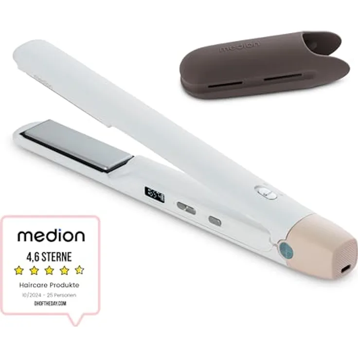 MEDION Glätteisen HS2 kabellos (weiß, Display, 5 Hitzestufen, 165°-210°, Keramik-Turmalin, Silikonhülle)
