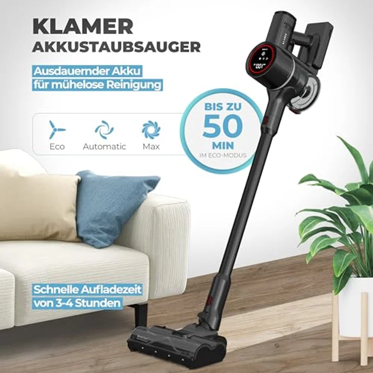KLAMER Akku-Staubsauger, 500 Watt Kabelloser Staubsauger mit LED Licht, Flexibler Handstaubsauger, HEPA Filter, 25.9 Volt, Rot – Bild 2