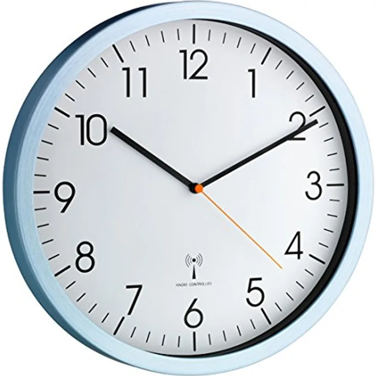 TFA Dostmann Analoge Funk-Wanduhr, 60.3517.55, mit Aluminium-Rahmen, geräuscharm, gut ablesbar, ideal für das Büro, hellblau