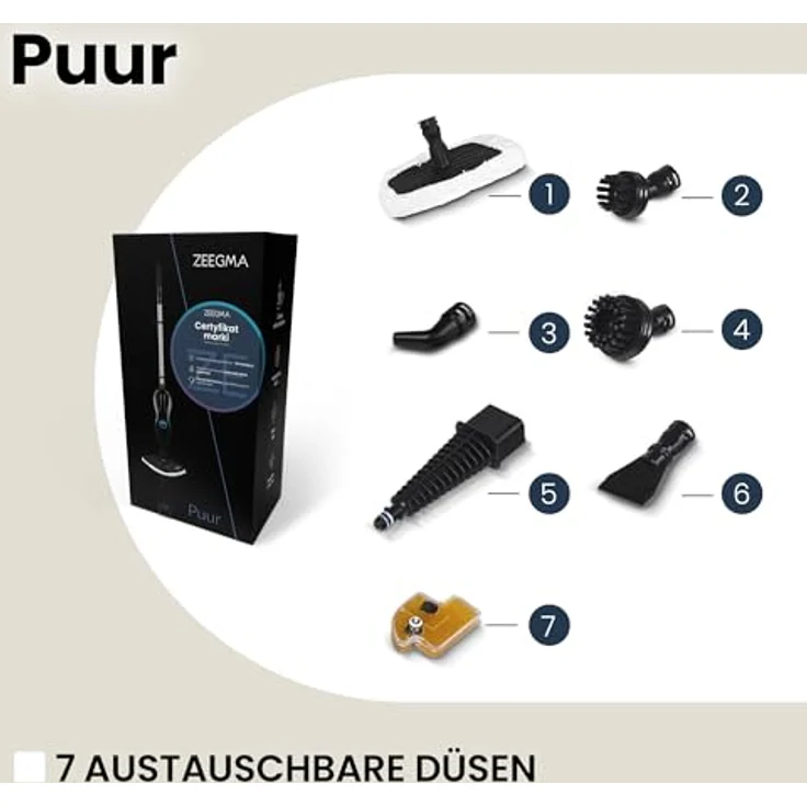 ZEEGMA DRADEN Tragbarer Dampfreiniger 0,35 l Schwarz 1000 W, einsatzbereit in 25 Sekunden, 7 verschiedene Aufsätze, 2 Wasserfilter, 5m Kabellänge – Bild 9