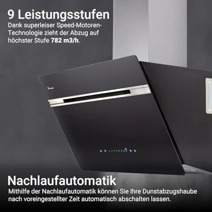 KKT KOLBE AURORA6005SE Dunstabzugshaube 60 cm, A+++ Energieeffizienz, 782 cbm/h, Kopffrei, Schwarz/Silber, Glas, WLAN, SensorTouch, RGBW LED, Nachlaufautomatik, Umluft/Abluft – Bild 5