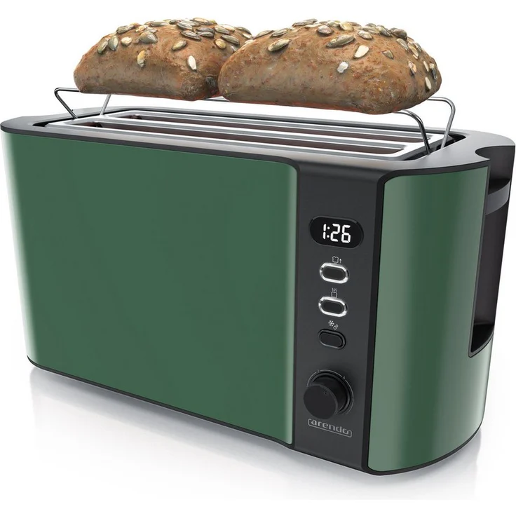 Arendo Frukost Langschlitz-Toaster, Edelstahl, 4-Scheiben mit Display, Restzeitanzeige, Defrost-Funktion, inkl. Brötchenaufsatz, 1500 W