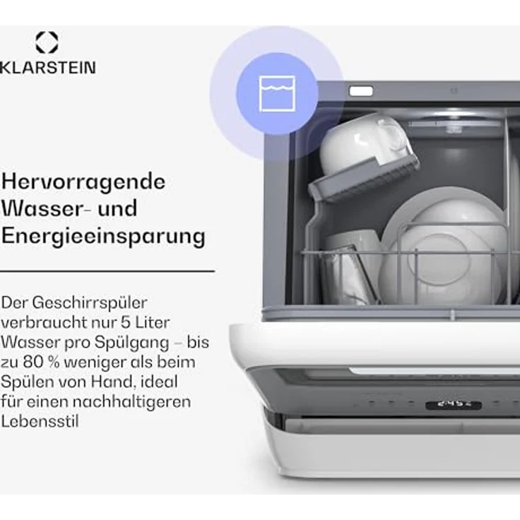 Klarstein Amazonia Mini Geschirrspüler, Kompakte Tischspülmaschine mit Wassertank, 7 Programme, 5L Wasserverbrauch, Digitalanzeige, Leise 58dB, Tragbar, Silber – Bild 6
