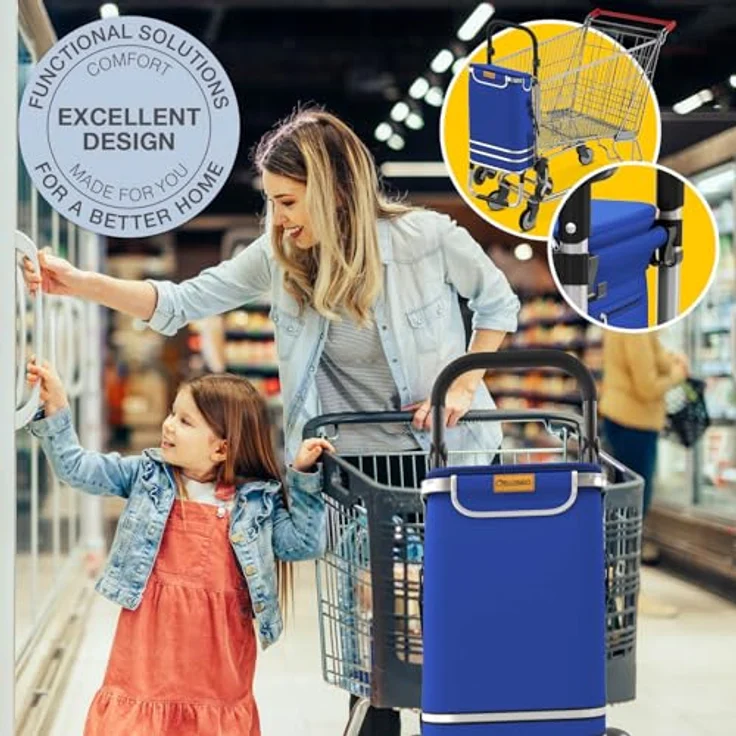 ELONEO Einkaufstrolley Treppensteiger, höhenverstellbar mit Kühlfach und abnehmbarer Tasche 56 L, faltbar, Blau – Bild 4