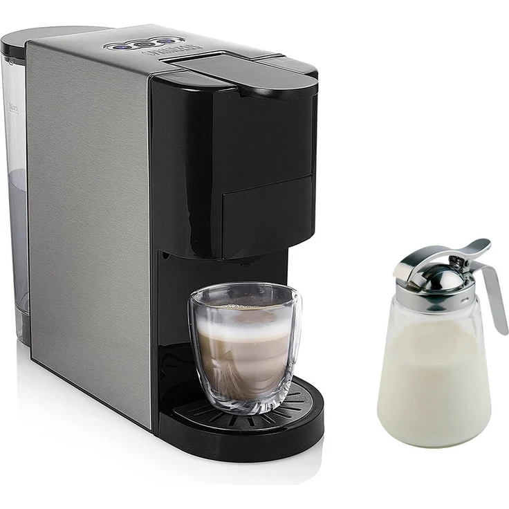 PRINCESS Kapselmaschine 4-in-1, auch für Kaffee-Pulver, mit abnehmbarem Wassertank, Edelstahlgehäuse, 19-bar Hochdruckpumpe, 1450 Watt, inkl. Milchkännchen, klein - Preisvergleich