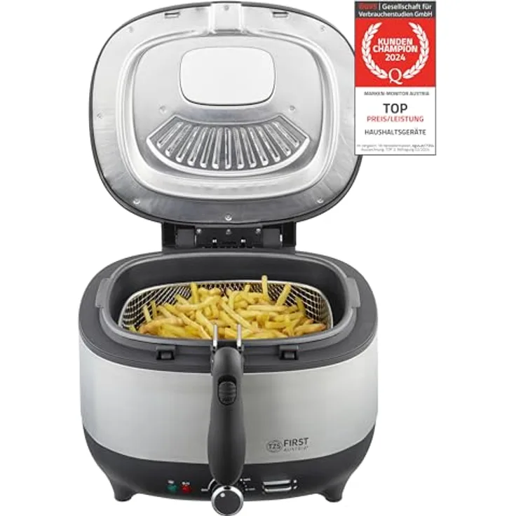 TZS First Austria Fritteuse | 3,5 Liter Fassungsvermögen | Antihaftbeschichtung | isolierter Griff des Frittierkorbs | Luftfilter aus Metall | 1800 Watt