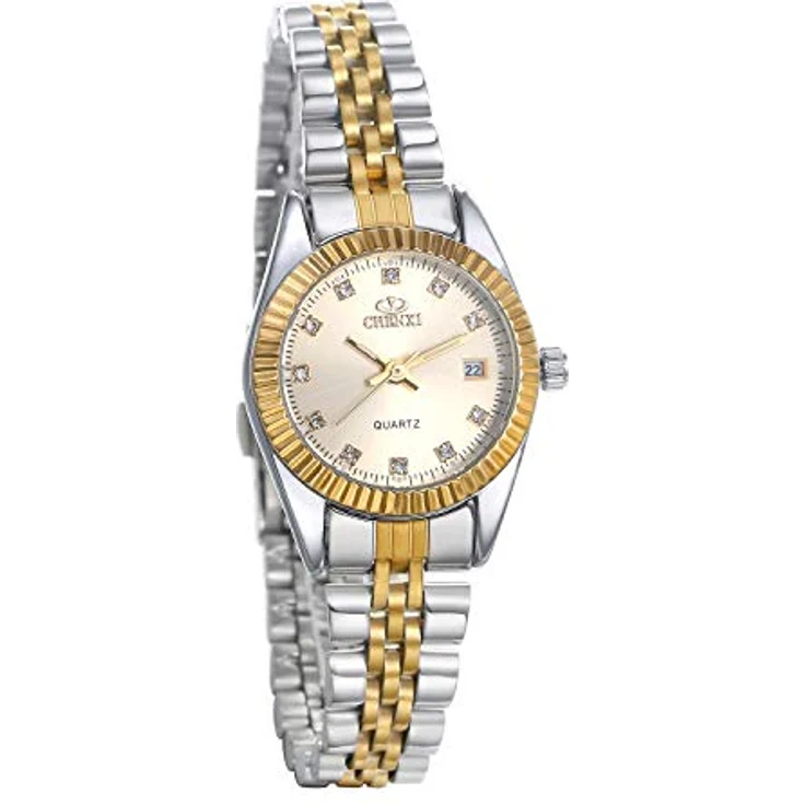 JewelryWe Paar Uhr Analog Quarz mit Gold Strass Zifferblatt, 30M wasserdicht, Edelstahl Armband für Damen und Herren – Bild 1