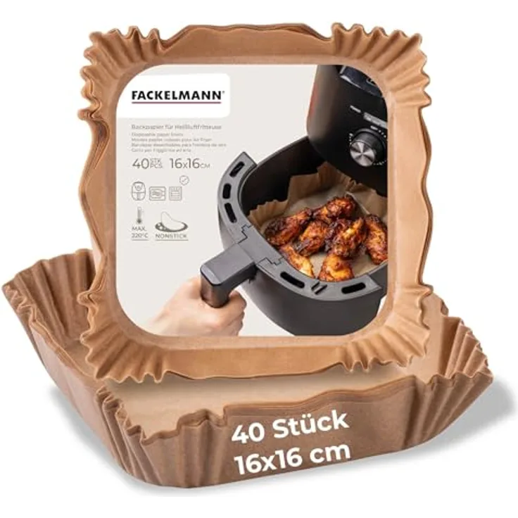 Fackelmann Backpapier für Heißluftfritteuse, 16 x 16 cm, 40-teilig, öl- und wasserfest, hitzebeständig bis 220°C, mikrowellen- und backofengeeignet