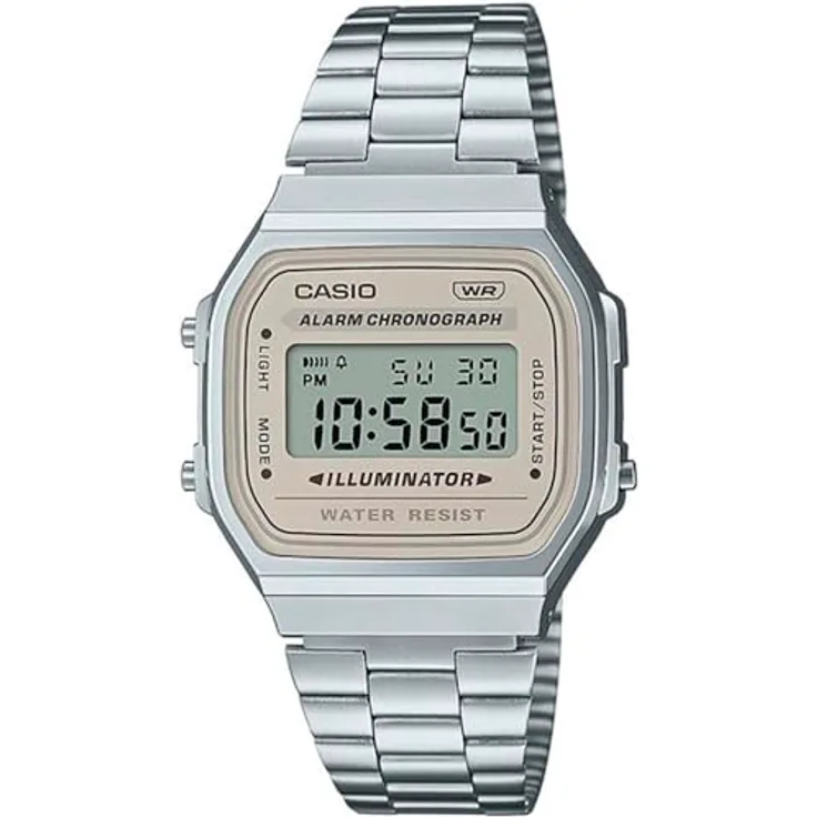 Casio Watch A168WA-8AYES, Digitaluhr mit Kalenderfunktion und Silber Edelstahl Band