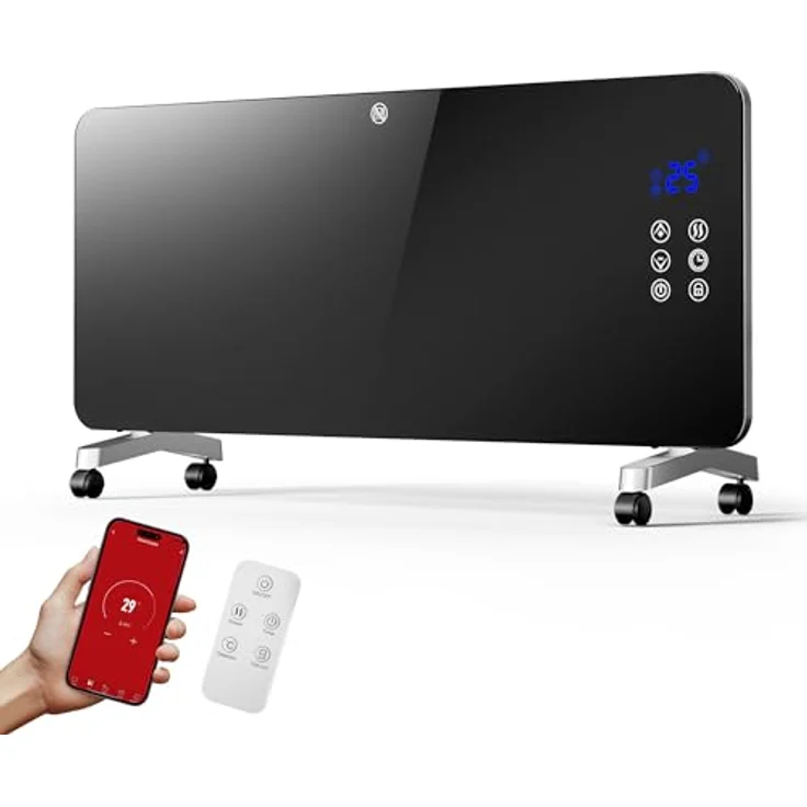 Wiltec 2000 W Elektro Glasheizung, Glaskonvektor mit LED-Anzeige, Wandmontage & Rollen, Wifi-Steuerung, inkl. Fernbedienung - Elegant und effizient – Bild 1