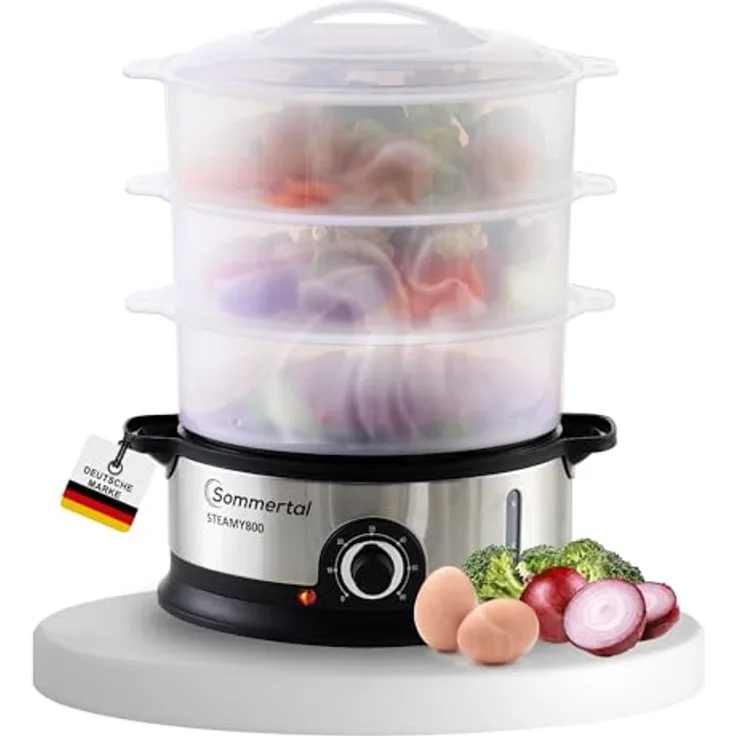 Sommertal STEAMY 800, elektrischer Dampfgarer mit 16L XXL Dampftopf, 800W, 3 Dampfgar-Ebenen, 1200ml Wasserbehälter, BPA-frei, 60 Min Timer + Abschaltautomatik, spülmaschinenfest