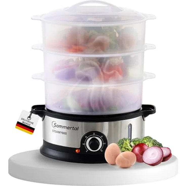 Sommertal STEAMY 800, elektrischer Dampfgarer mit 16L XXL Dampftopf, 800W, 3 Dampfgar-Ebenen, 1200ml Wasserbehälter, BPA-frei, 60 Min Timer + Abschaltautomatik, spülmaschinenfest – Bild 1